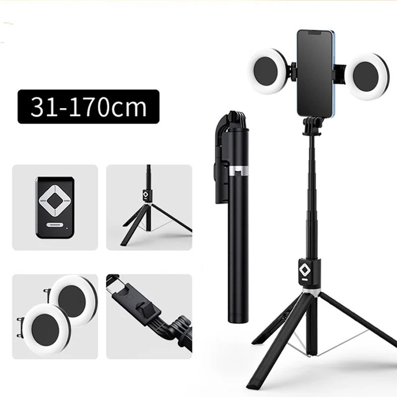 Photography Lighting Continuous - 1,7m Ausziehbarer Live-Stativ-Selfie-Stick mit LED-Ringlicht, Doppellicht